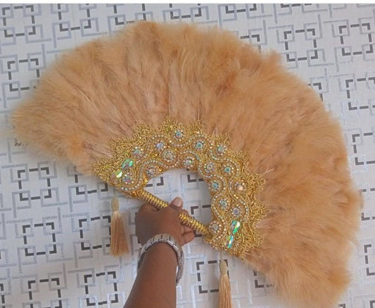 Gold Feather HandFan, Clutch Semi-Circle African Traditional Wedding Bridal Hand Fan, Nigerian Wedding Hand fan, Bridesmaids Handfan