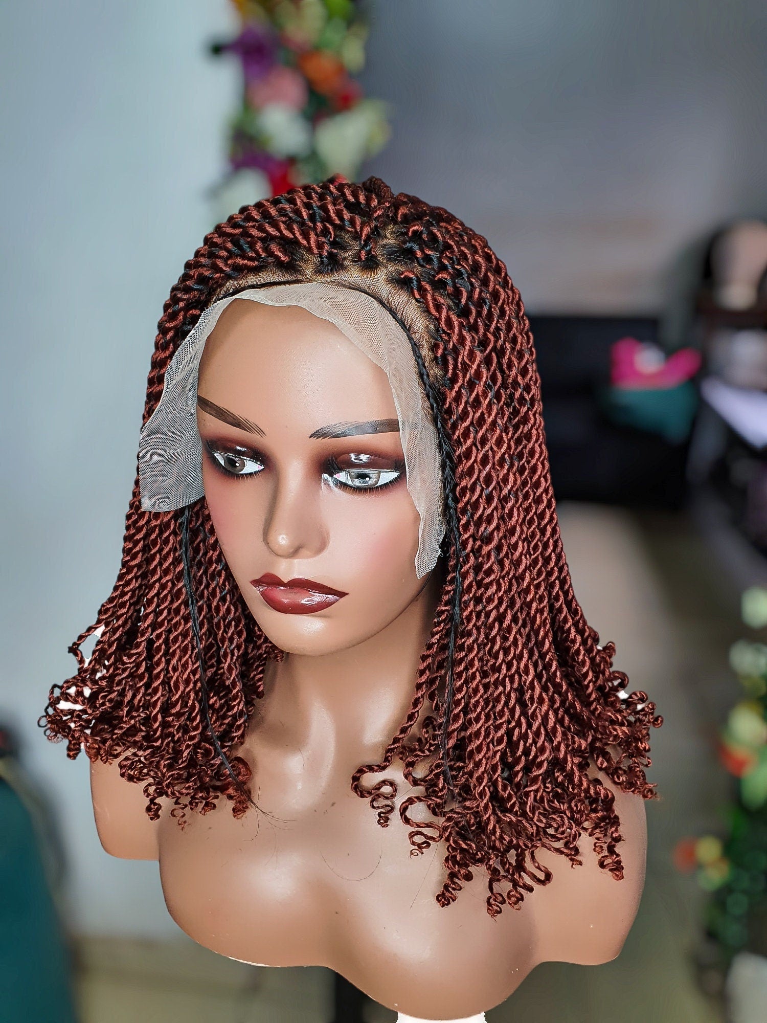 Short kinky twist braid wig on mannequin head natural lightweight braided wig