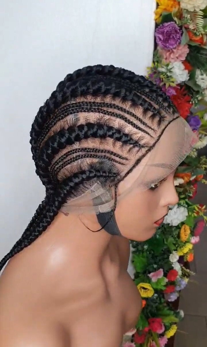 Side view of HD full lace stitch cornrow wig natural flawless style
