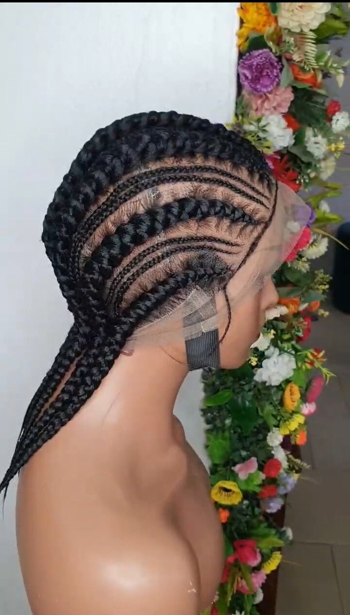 Back view of stitch cornrow braided wig full braid pattern