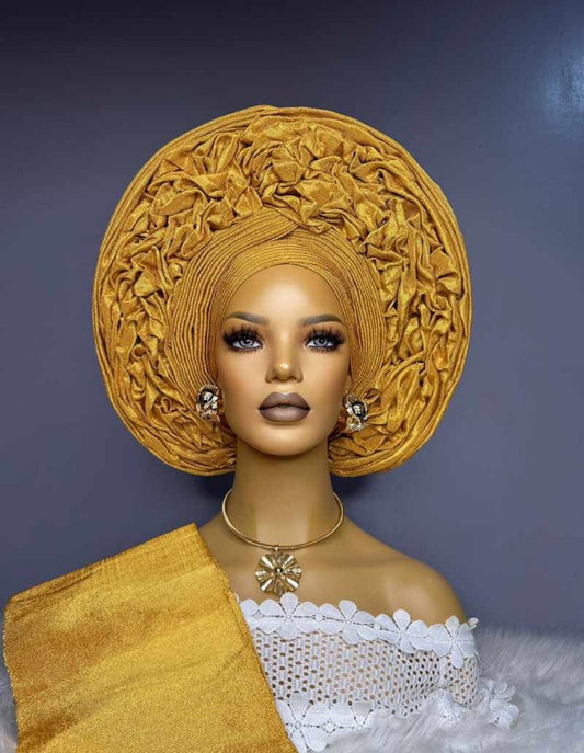 Gold Autogele/ Asooke/ Autogele/ Ready-to-wear Gele/ Pretied Gele/ Pretied Headscarf/ Headgear/ Pre-tied Headwrap