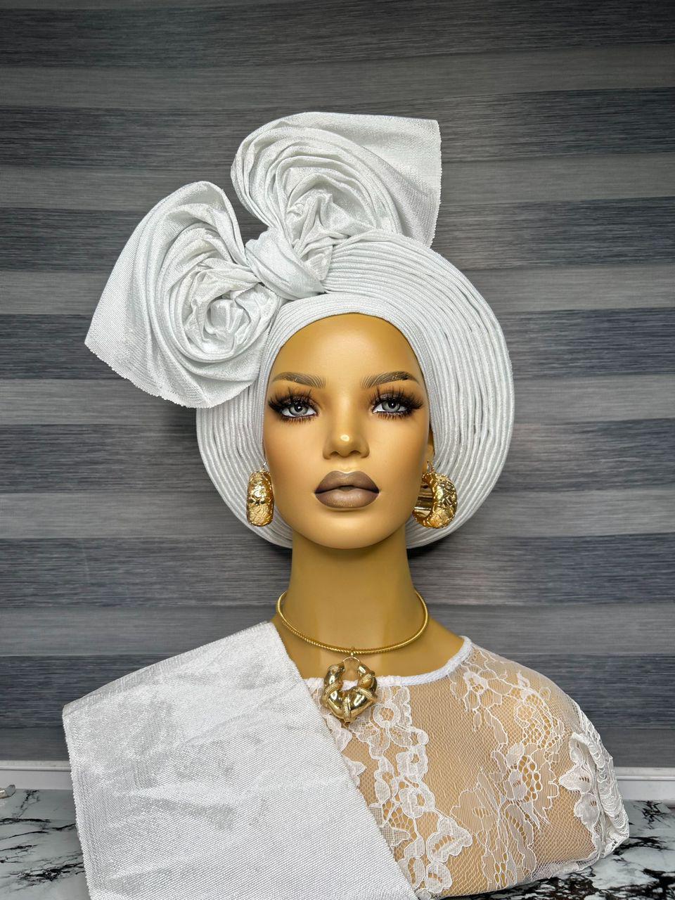 Luxury White Aso Oke Auto Gele – No-Tie Needed.