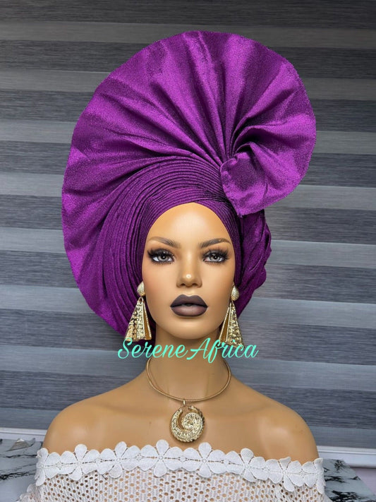 Purple Headpiece Autogele Aso-Oke, Pre-Tied African Nigerian Headwrap Headwear Turban, Headwrap For Black Women