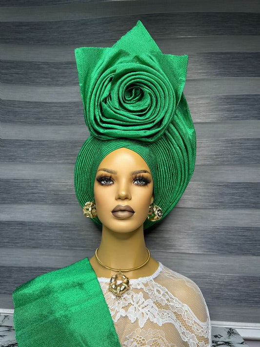 Green Asooke Auto Gele –  Nigerian Bridal Headwrap (Bulk Available)