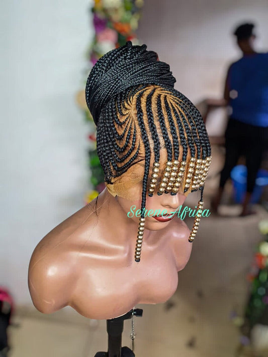 Braided Wig With Bangs, Full Lace Cornrow Box Braided Wig, Ghana Weave Wig, Braid Wig, Wig For Black Women,