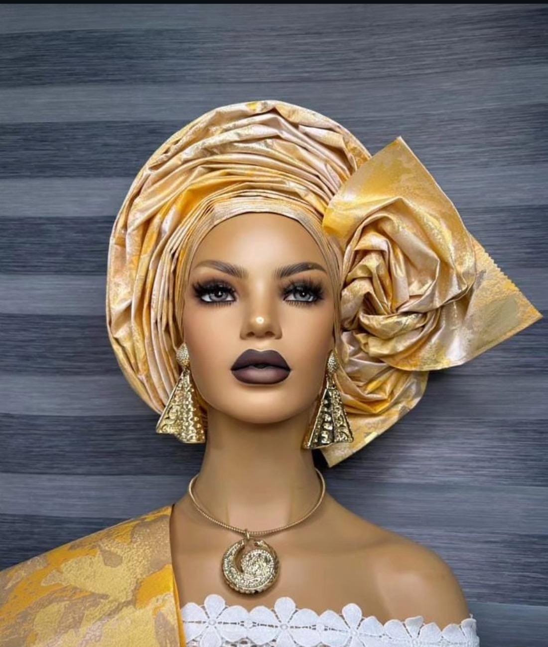 Sego Gold Gele With Side Ruffle | African Headwrap For Black Women