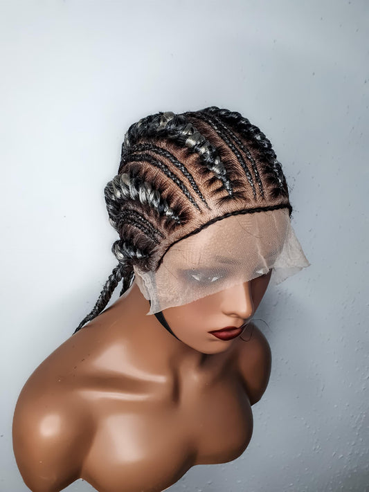 Braided Wig, Box Braid Wig, Cornrow Braid Wig, Wig For Black Women, Ghana Weave Braid Wig, Handmade Braid Wig, Salt and Pepper Wig