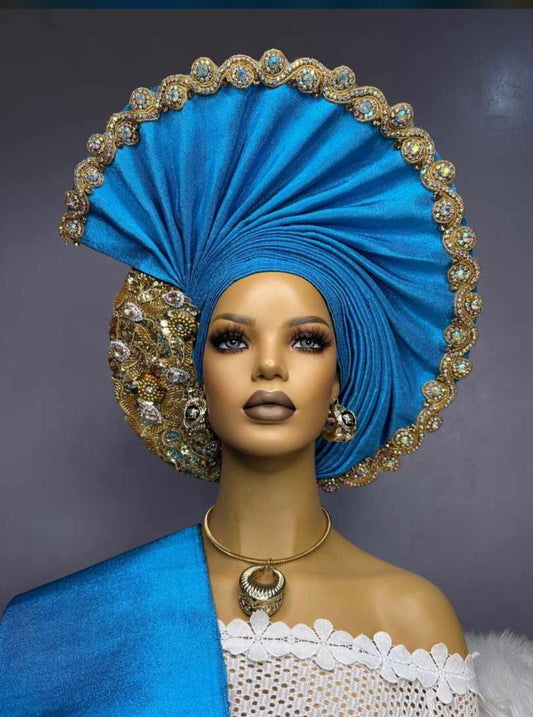 Autogele Asooke, Pre-Tied Blue Headwrap, African Fabric, African Turban, African Headband, African Head wrap For Women