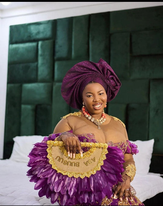 Personalized Purple Clutch Hand Fan, Semi-Circle African Traditional Wedding Bridal Feather Hand Fan, Nigerian Wedding Hand fan