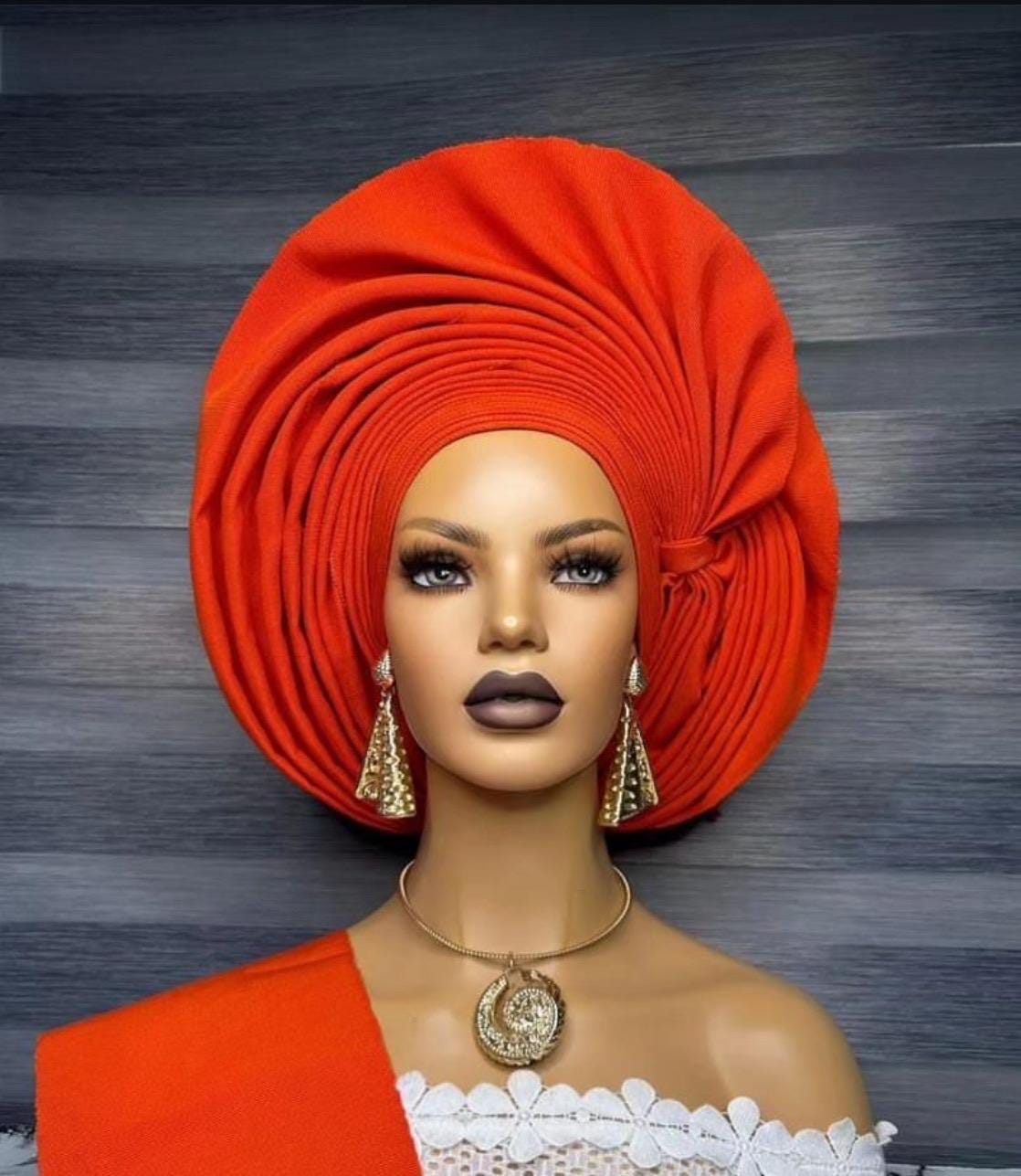Orange Aso Oke Autogele |African Nigerian Headwrap