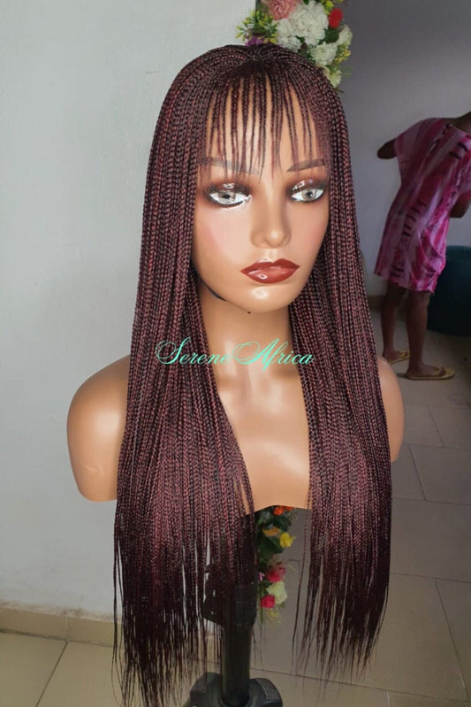 Braid Wig with Bangs, Braided Wigs, Box Braid Wig, Wigs For Black Women, Burgundy and Black Mix, Short Braid Wig