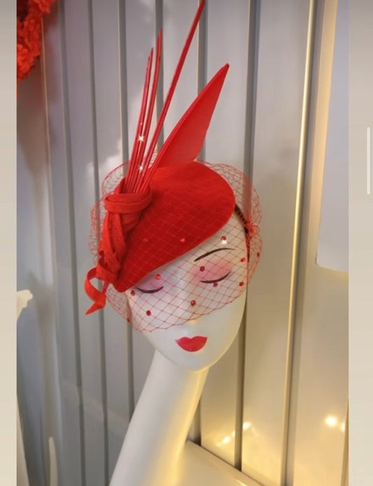 Red Fascinator With Viel, Church Hat, Wedding Hat, British Hat, Kentucky Derby Hat, Mini Hat (Available in other colors) Ready To Ship
