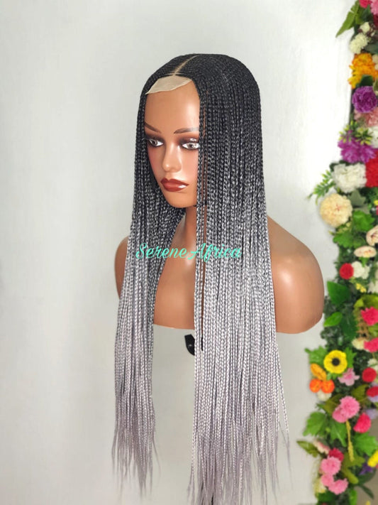 Box Braid Wig, Cornrow Braid Wig, Wig For Black Women, Ghana Weave Wig, Braided Wig, Long Light Weight Wig, Ombré Gray Black