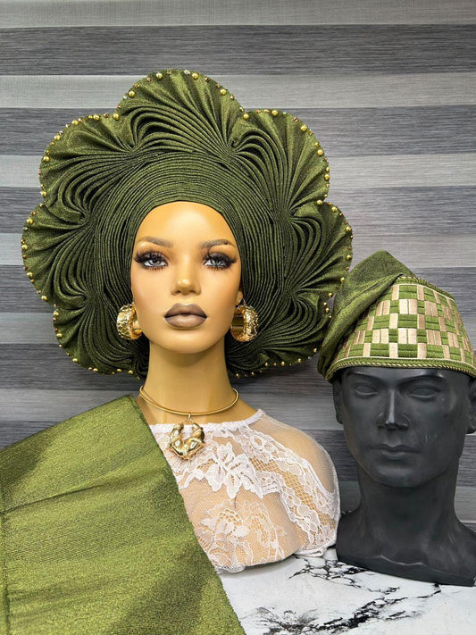 Front view of Premium green asooke auto gele pre tied ready to wear nigerian bridal statement headwrap for traditional wedding on a mannequine
