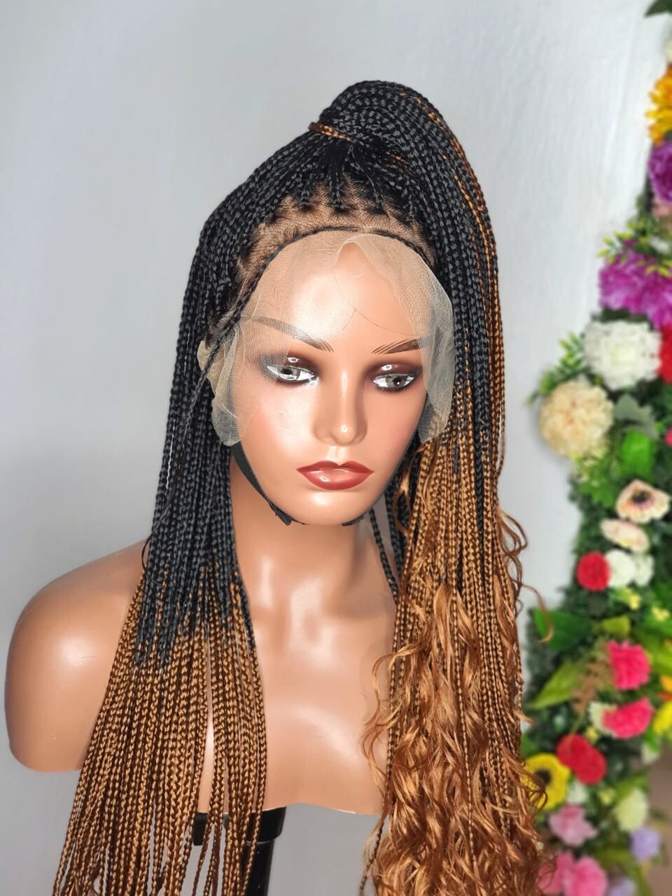 Knotless Box Braid Wig With Curls: Black and Brown Ombre