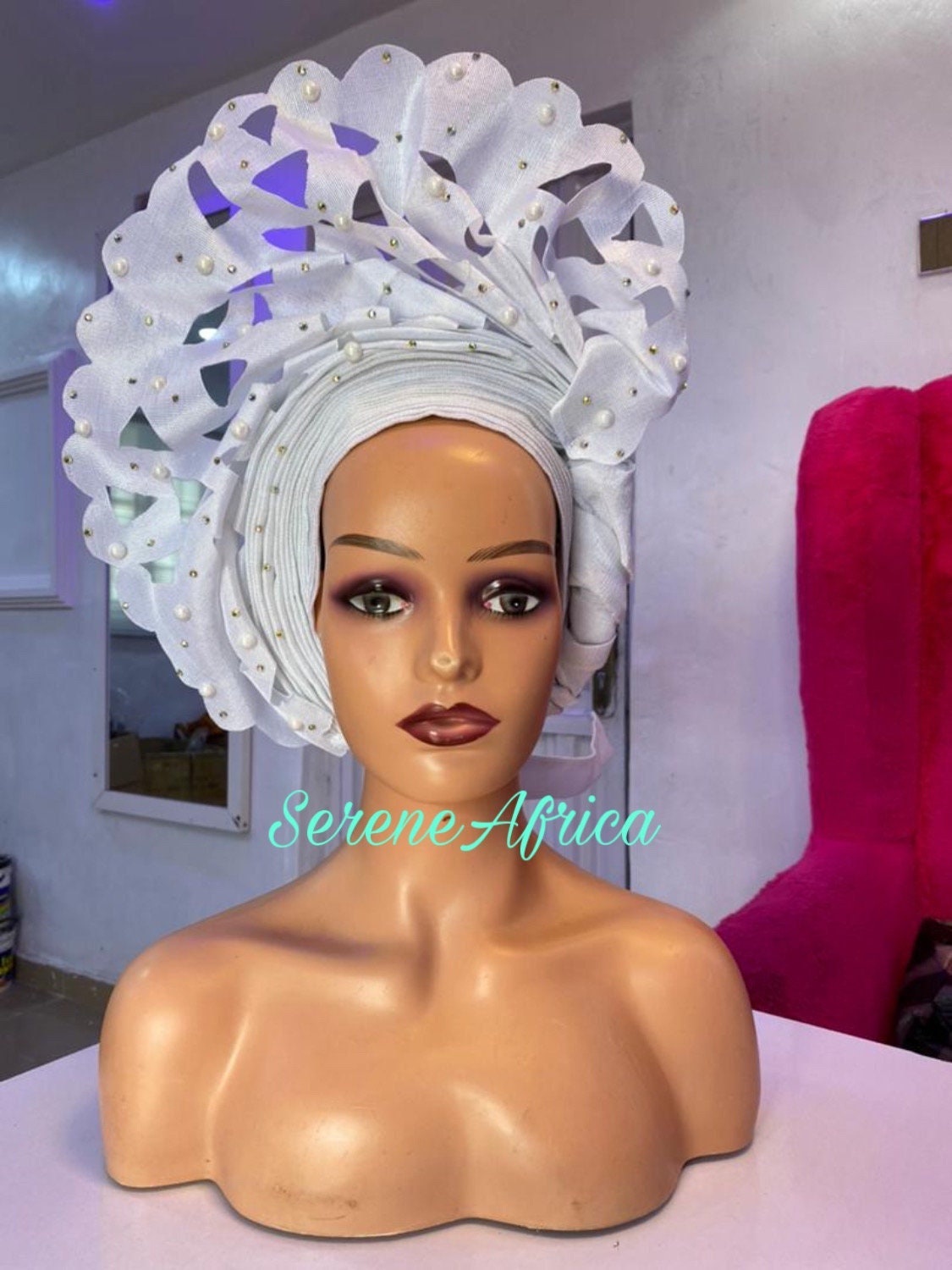 White Aso Oke Gele | Easy Fit Ready-to-Wear Headwrap.