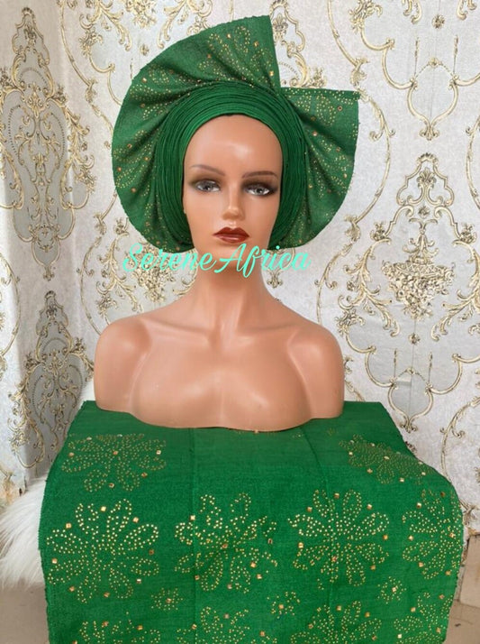 Autogele Asooke, Pre-Tied Green Headwrap, African Fabric, African Turban, African Headband, African Head wrap, Green Asooke