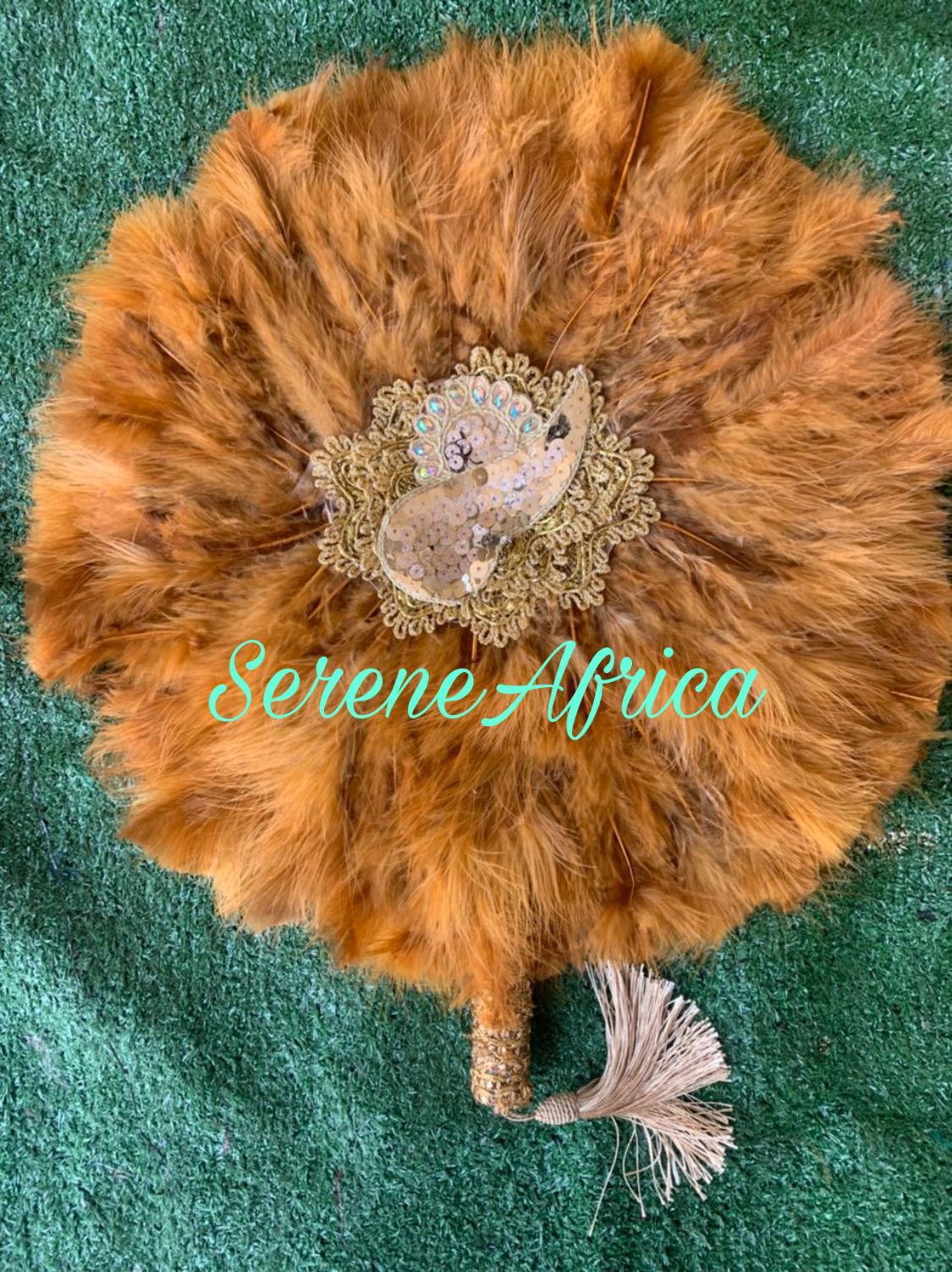 Gold Bridal Feather Hand Fan, African Traditional Wedding Hand Fan, African Bridal Accessory Hand fan(Available in Different Colours