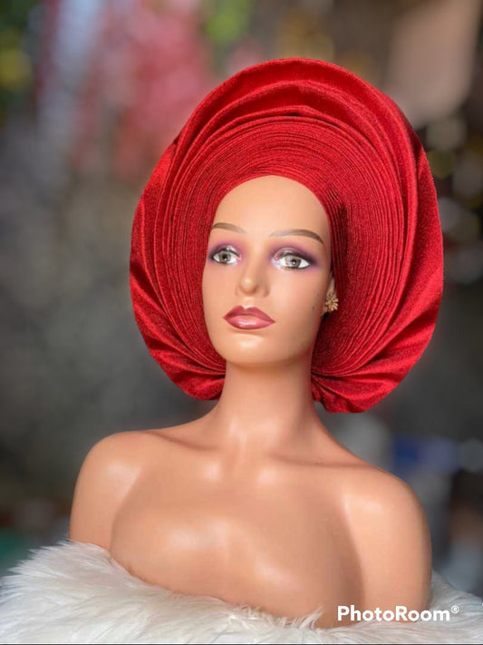 Auto Gele Aso-Oke, Pre-Tied  Nigerian Headwrap, Wine and Red Head Wrap Headgear Headtie, African Head Wrap For Women, Ready To Wear Gele
