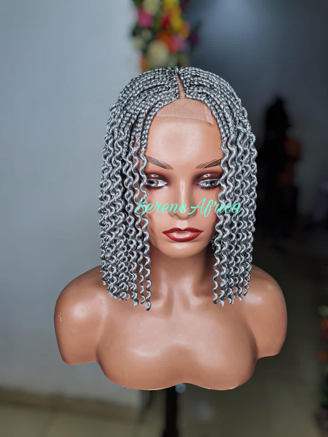 Closer view black and gray box braid wig with curls on mannequin head soft braided wig
