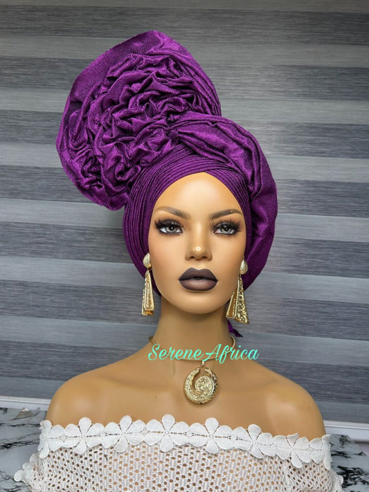 Purple Autogele Asooke, African Headwrap, Nigerian Headpiece Headscarf, Yourba Gele