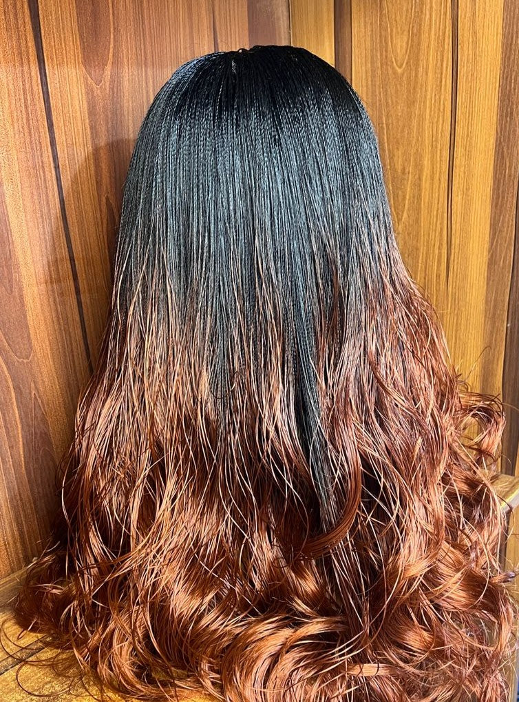 Back view of 22-inch colour 1 and 350 ombre nano twist braid wig with curls