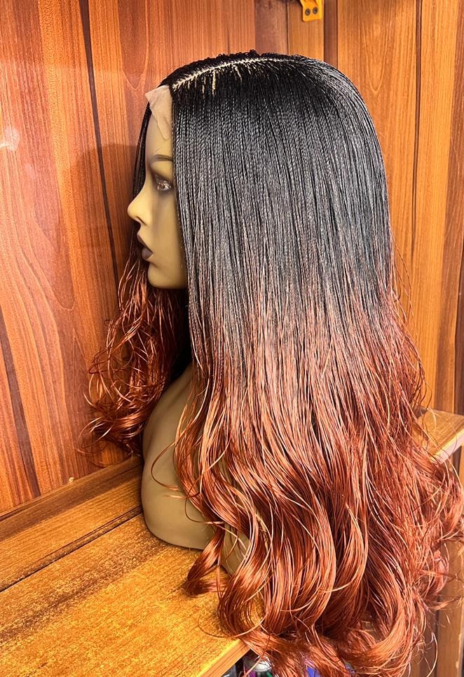 Side profile of black to colour 350 ombre nano twist braid wig with curls