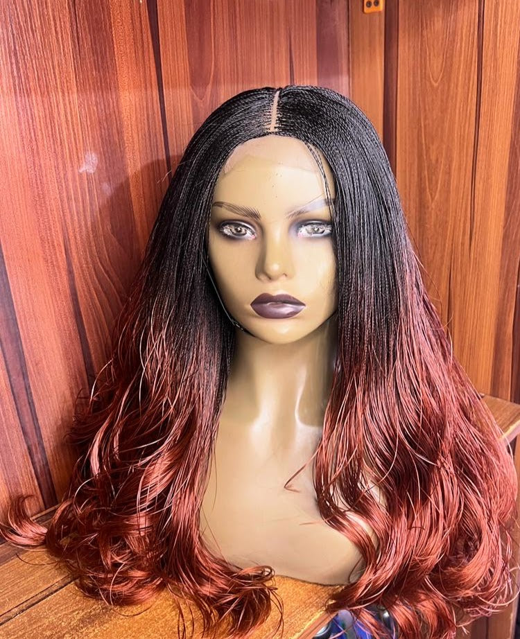 Centre-part nano twist braid wig with black roots and colour 350 curls