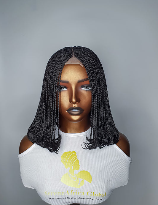 Ready-to-ship colour 2 black bob braided wig with lace closure and centre part, front view