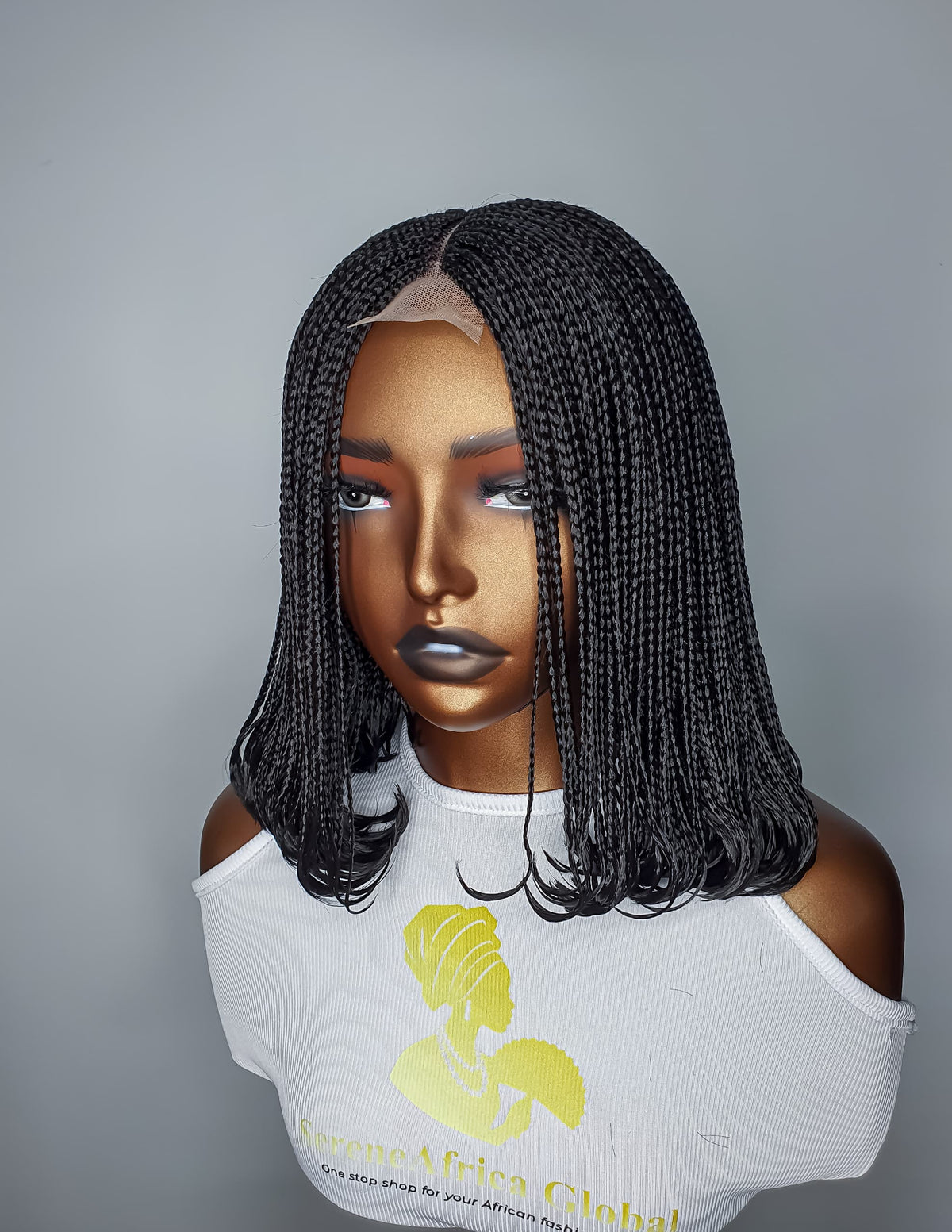 Colour 2 black bob braided lace closure wig, angled front view