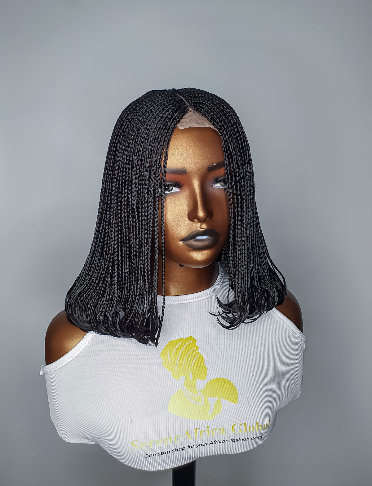 Short black bob braided wig with centre part and curled ends
