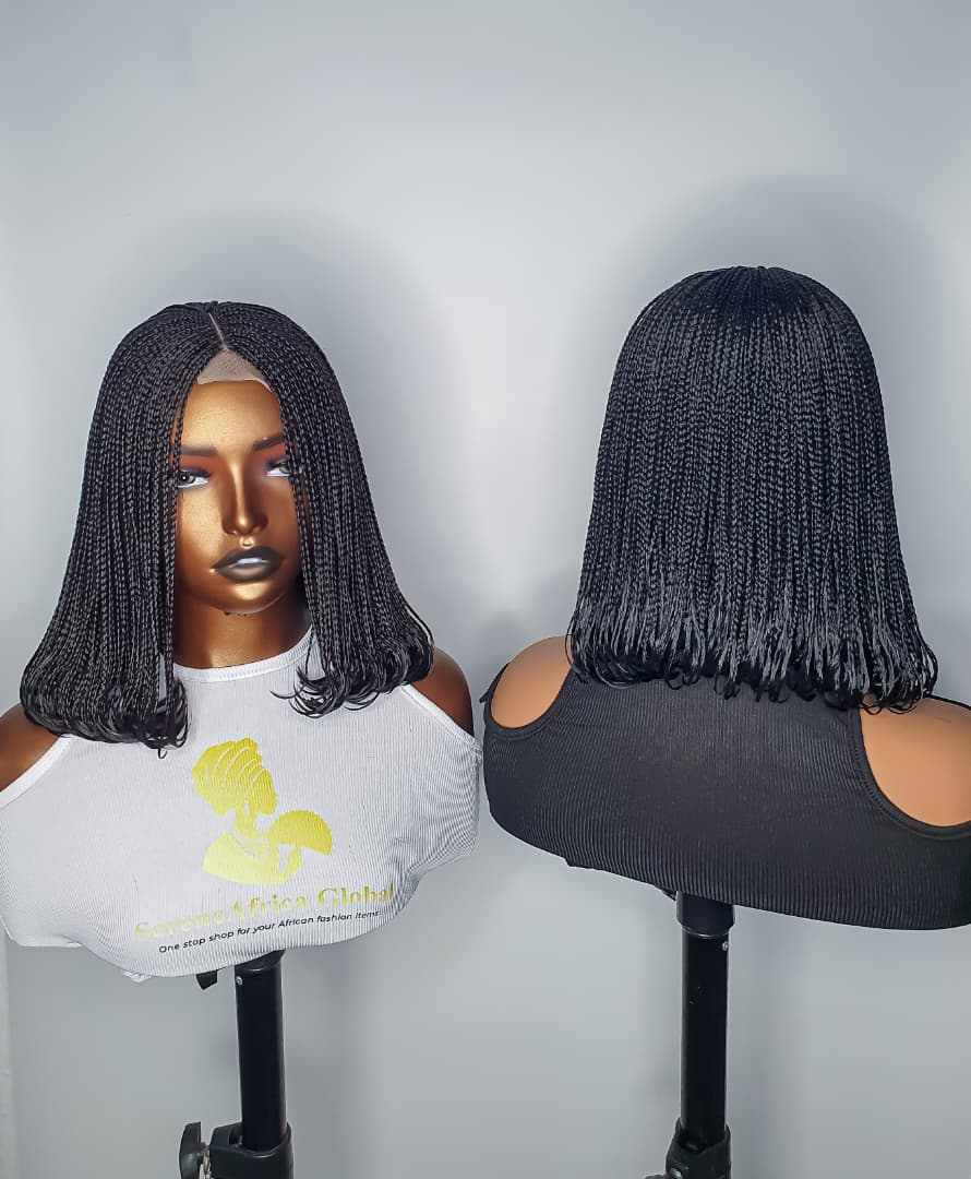 Front and back views of ready-to-ship black bob braided wig