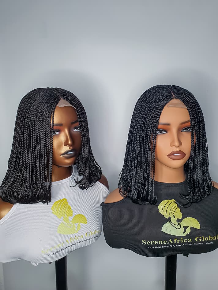 Two front views of colour 2 black bob braided centre-part wig