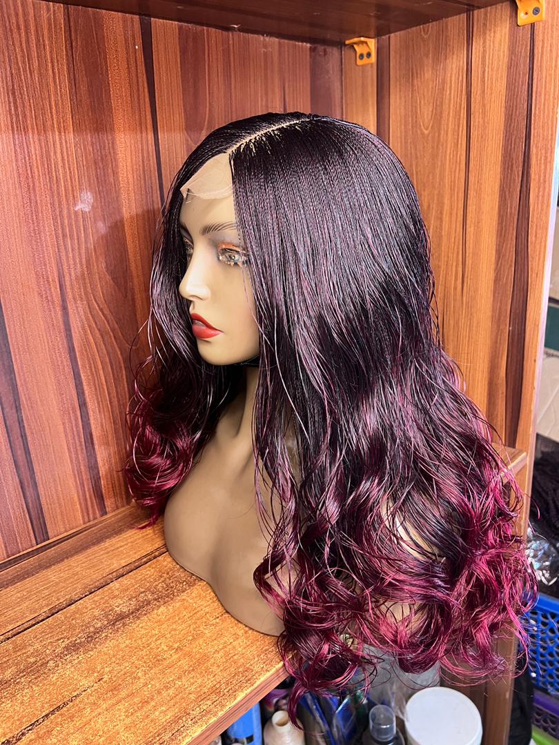 Ready-to-ship 22-inch black and burgundy ombre nano twist braid wig with curls