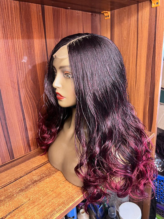 Ready-to-ship 22-inch black and burgundy ombre nano twist braid wig with curls