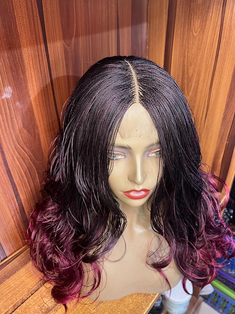 Top front view of 22-inch nano twist braid wig with burgundy curls