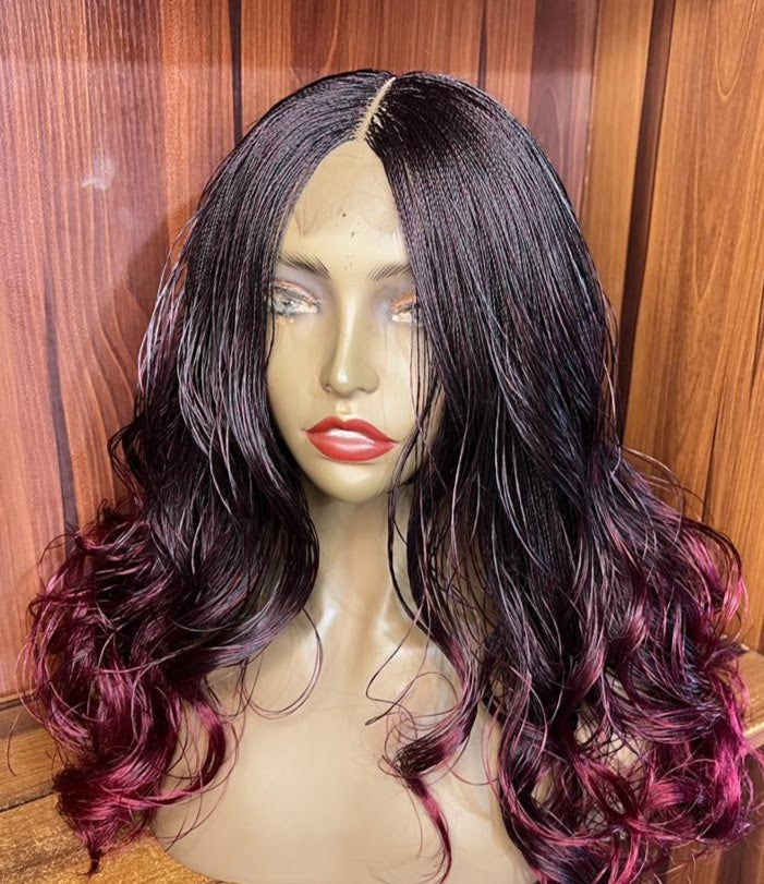 Black and burgundy ombre nano twist curly wig displayed on mannequin