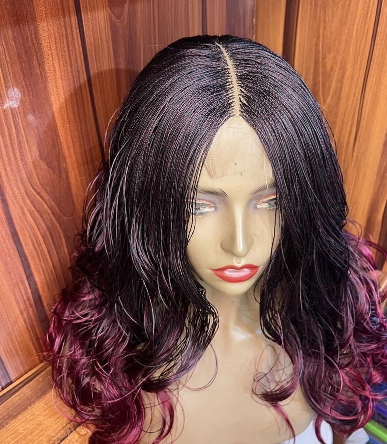Centre-part lace closure on black burgundy ombre nano twist wig
