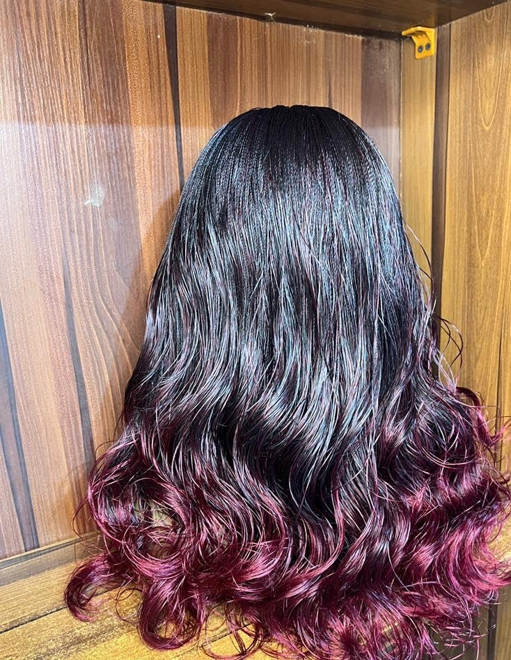 Back view showing curls on black burgundy ombre nano twist braid wig