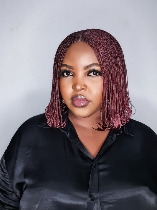Ready-to-ship burgundy small-braid bob wig with lace closure and centre part