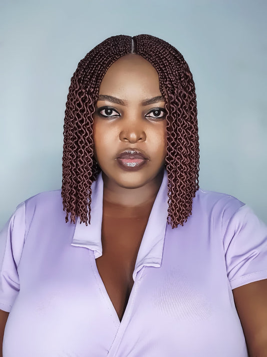 Front view of colour 35 watermelon braid wig with textured ends