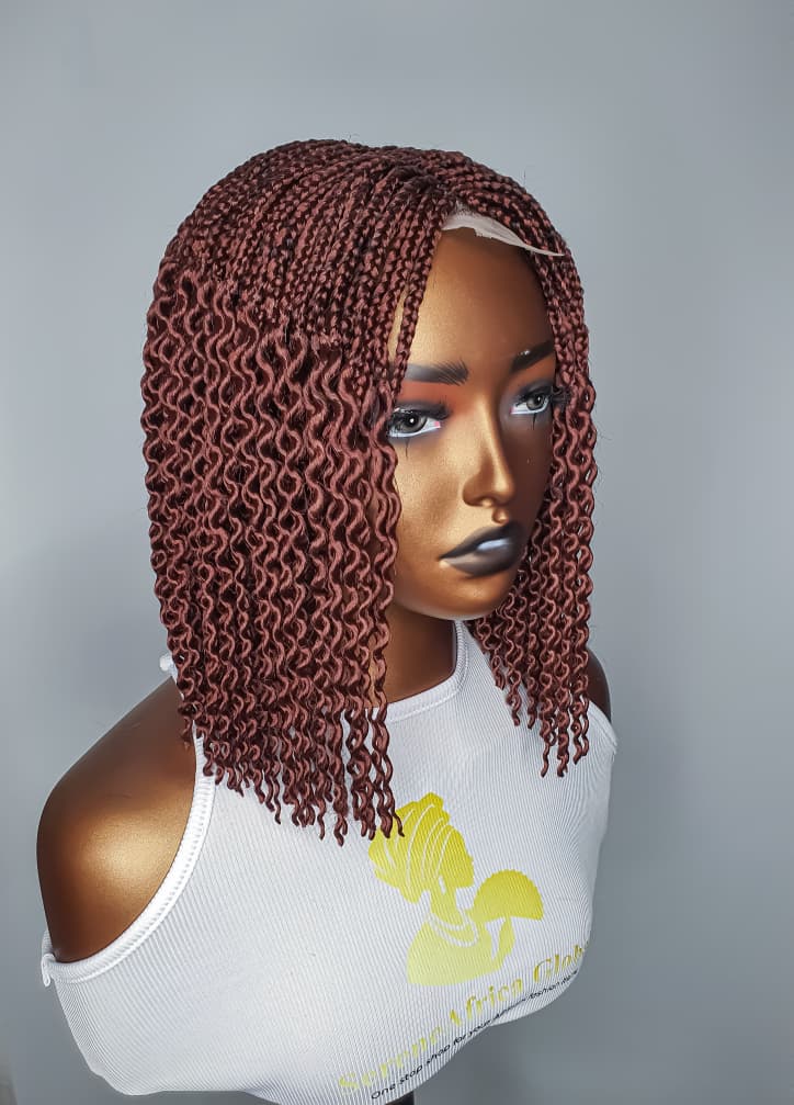 Colour 35 short watermelon braid wig with textured ends, side view