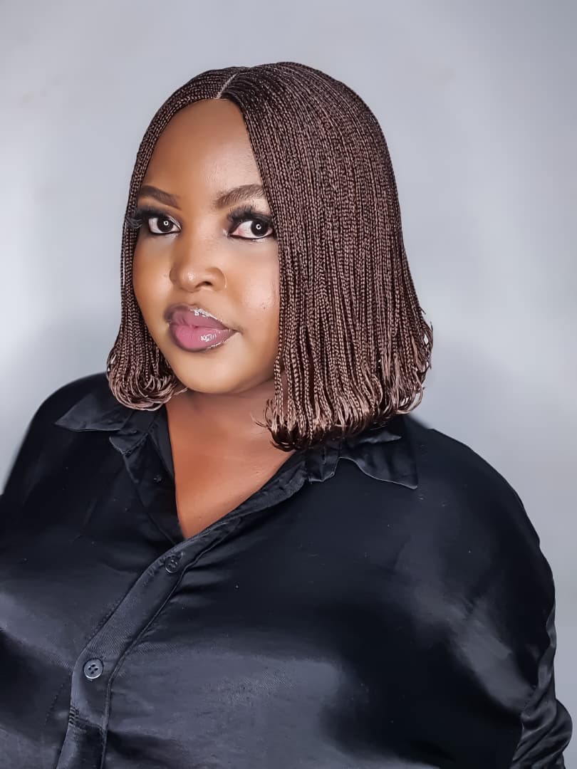 Short dark brown bob braided lace closure wig with curled ends, side view