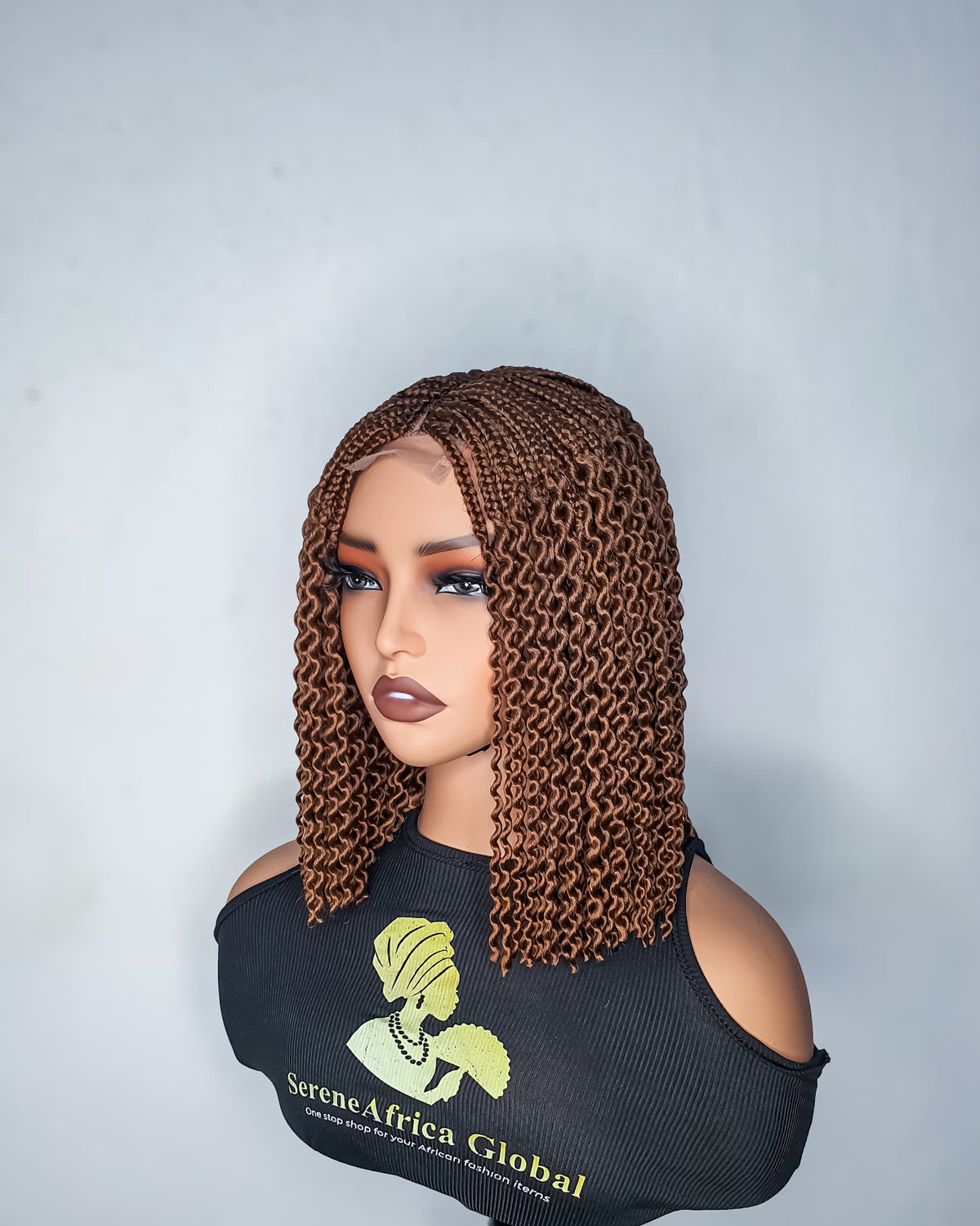 Angled front view of colour 30 light brown watermelon braid lace closure wig