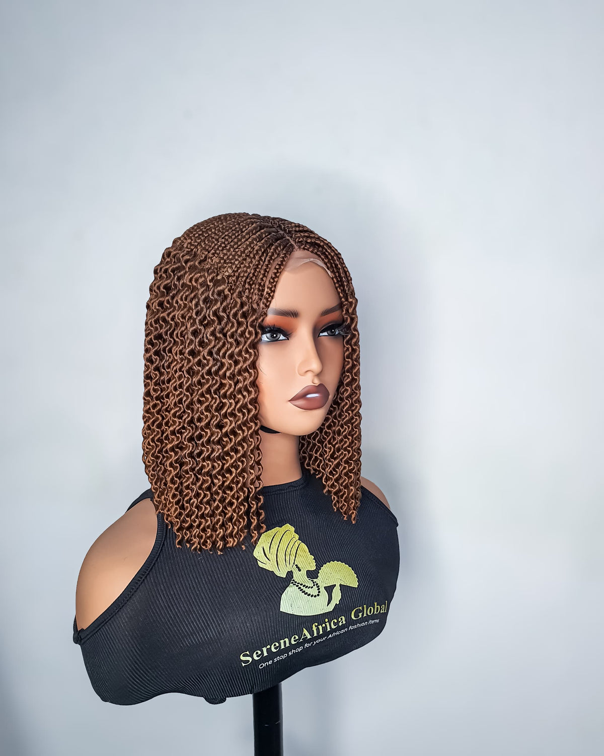 Side view of 12-inch light brown watermelon braid wig with textured ends